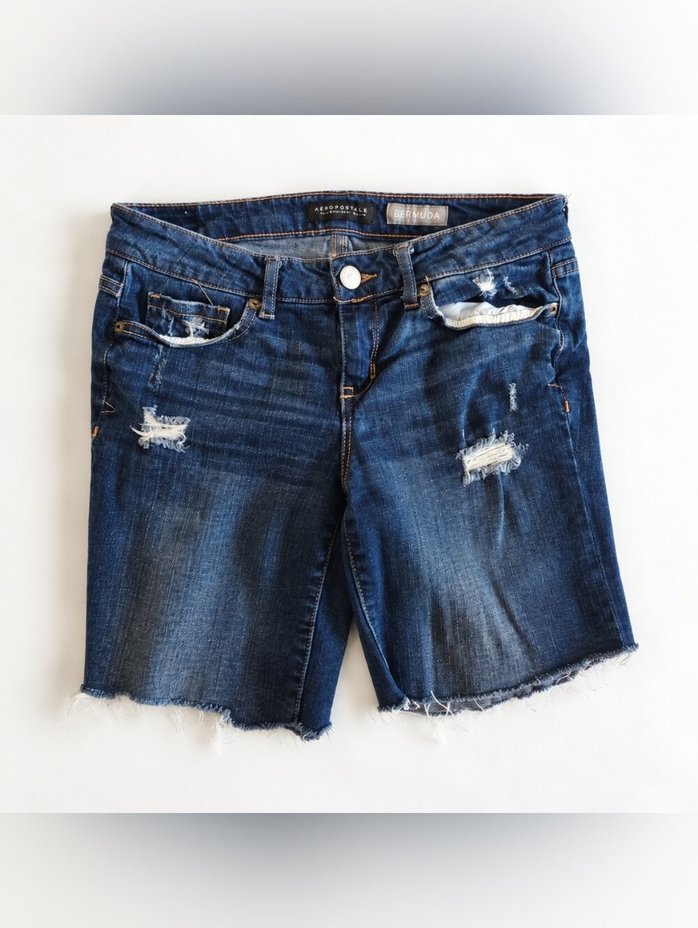 Aeropostale Women's Dark Blue Distressed Bermuda Shorts